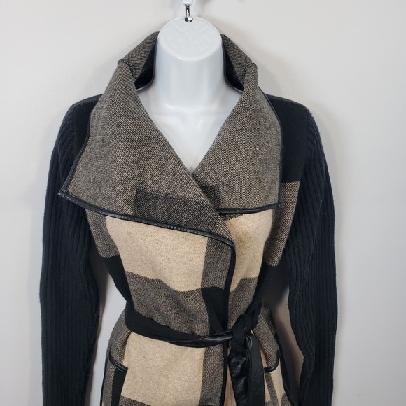 Love Token XS Belted Cardigan Sweater Jacket Womens Plaid Black Tan / R10 - Picture 3 of 7